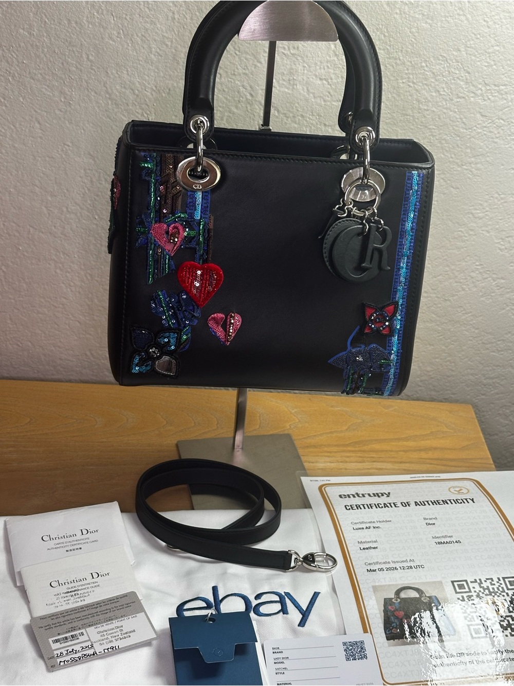 Limited edition Lady Dior Black Satchel Multicolor Sequin Hearts/Stripe Accents